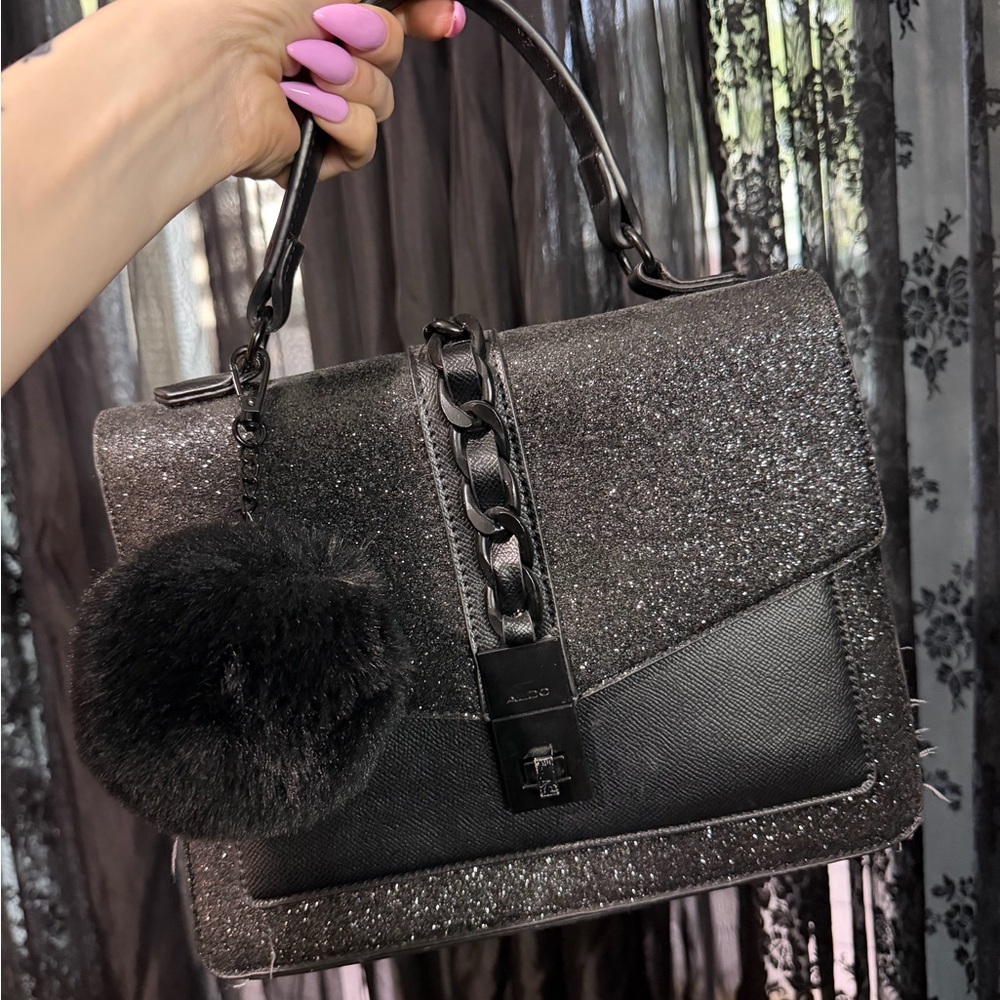 Aldo Black Glitter Top-Handle Satchel with Pom Charm